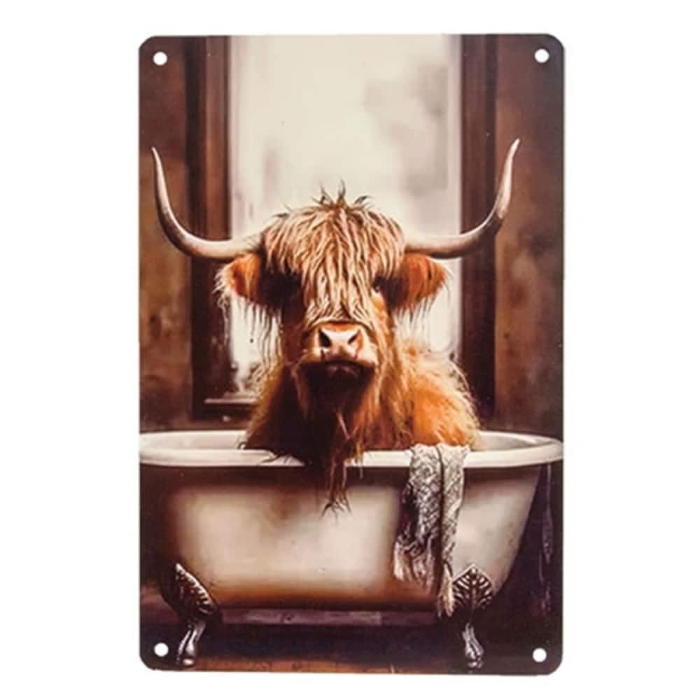 Brown Metal Highland Cow Tin Sign Bathroom Wall Decor 12x8 in - 8 x 0.13 x 11.75 in.