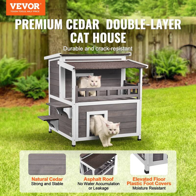 Outdoor Cat House Weatherproof, Feral Cat Shelter for Multiple Cats, 2-story Large Outdoor Wooden Cat House - 30"L x 30"W x 32"H