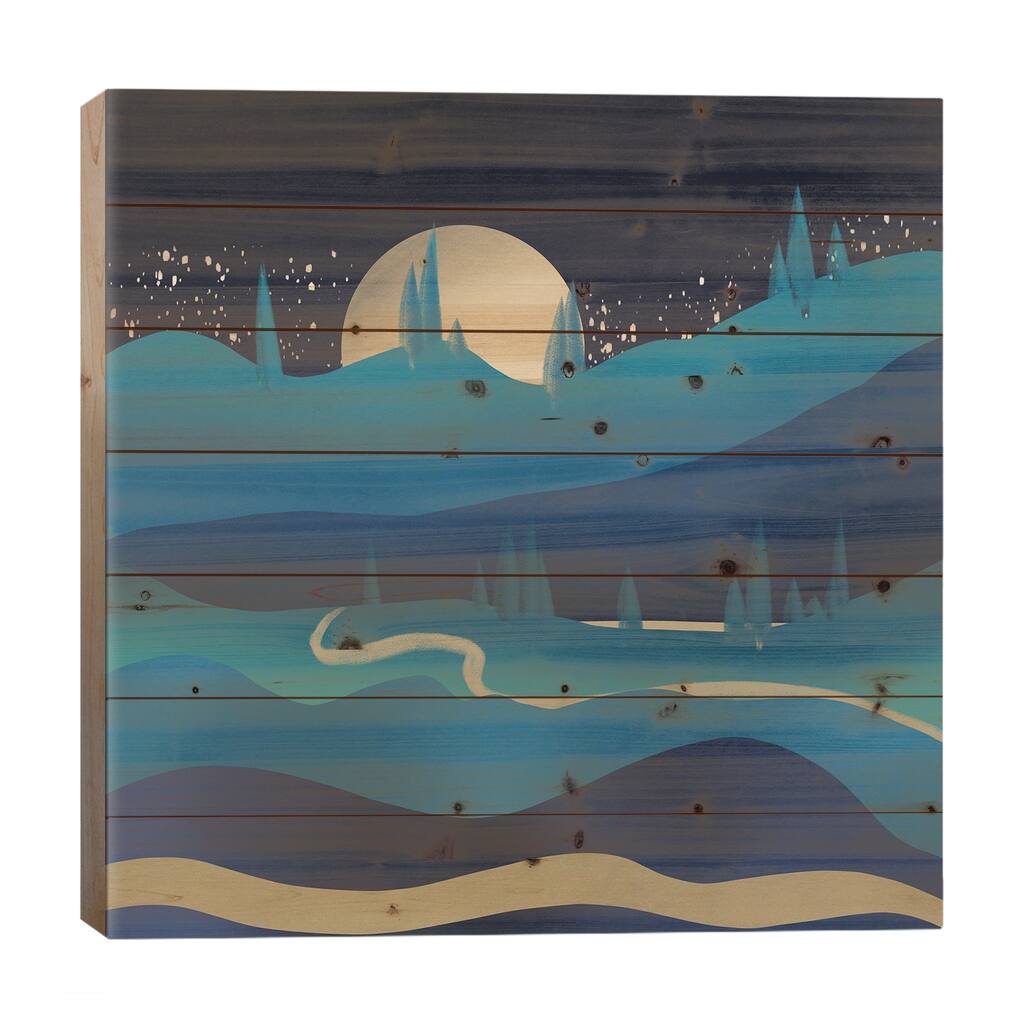Mountain Road Under The Moonlight Print On Wood by Little Dean - Multi-Color