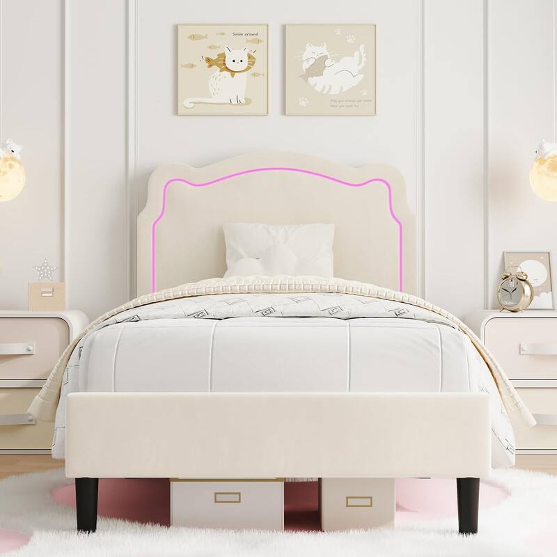 Twin Size Platform Bed Frame, Velvet Upholstered Bed Frame with Height Adjustable Bear-Shaped Headboard