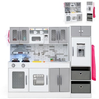 Gymax Wooden Kitchen Playset w/ Lights Sounds Interactive Features