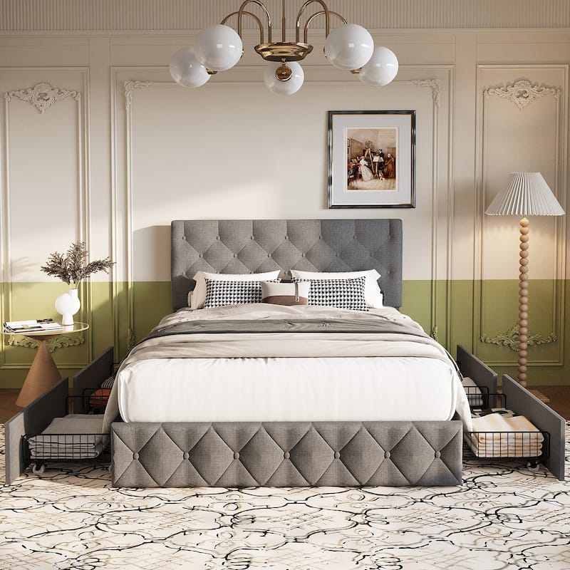 Full & Queen Size Bed Frame Built in 4 Storage Drawers & Adjustable Headboard