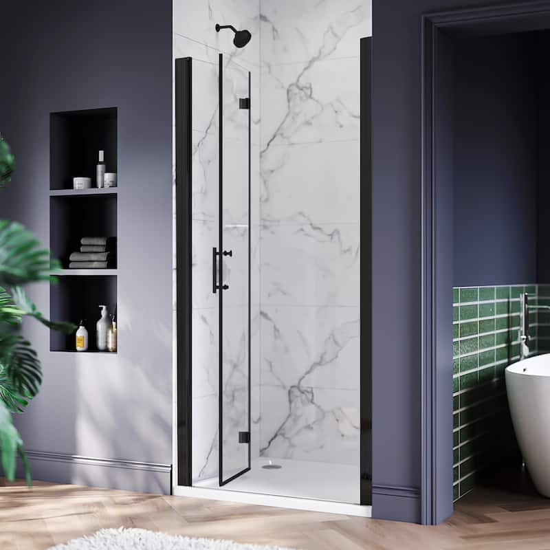 Elegant Bi-Fold Frameless Pivot Swing Shower Door Enclosure with Clear Glass Panel and Hardware Kit Reversible Installation