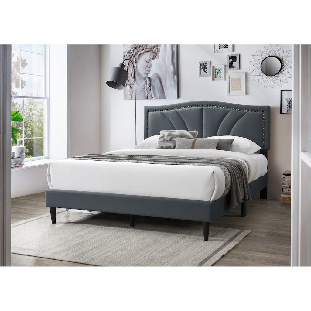 Queen Size Modern Vintage Burlap Platform Bed with Nailhead Trim and Upholstered Headboard