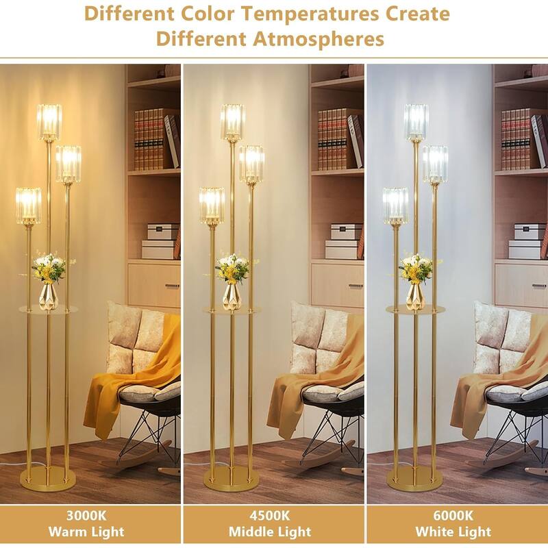 Gold Floor Lamps for Living Room, Modern Floor Lamp with Shelves, Crystal Standing Lamps with Table, Brass Tall Lamp