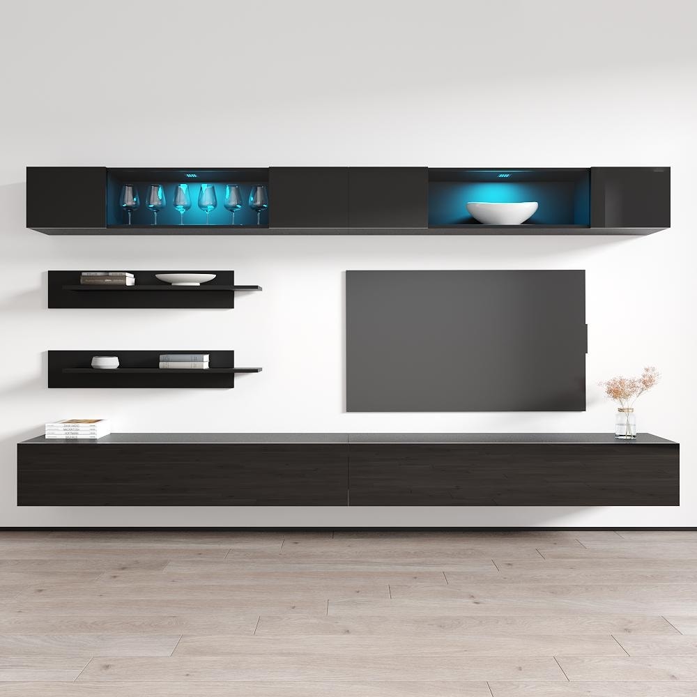 Meble Furniture Fly I3 Wall Mounted Floating Entertainment Center with LED Lights for up to 70" TVs 126"W x 67"H x 15.75"D
