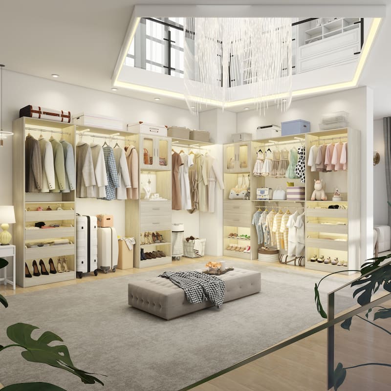80"-120" Closet System With Door and Wooden Drawers, Closet Organizer System with 3 Haning Rods and Storage Shelves