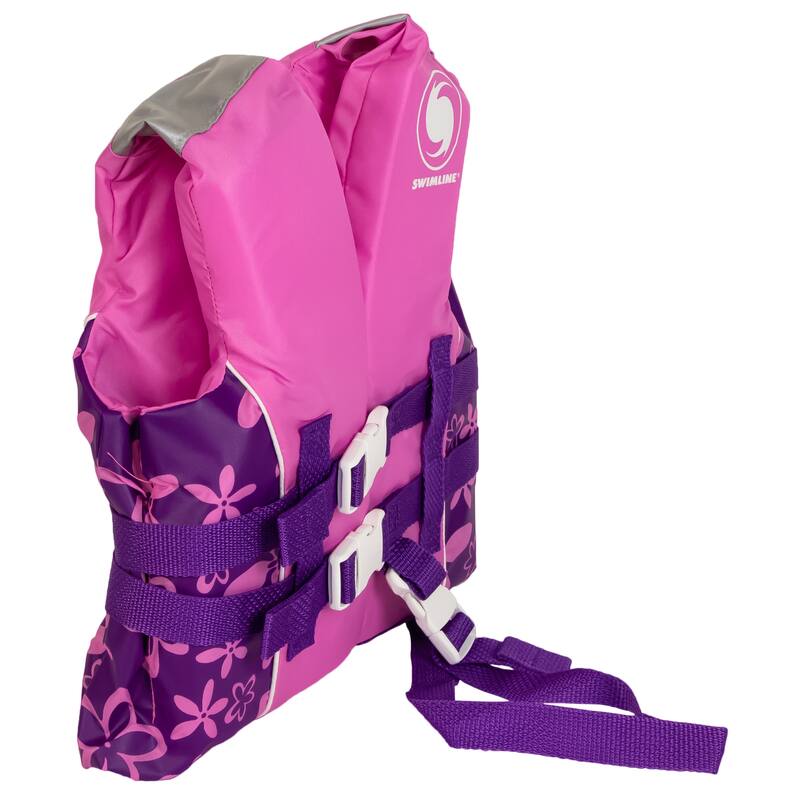 Pink and Purple Floral Child Life Jacket Vest with Handle - Up to 50lbs - 1"