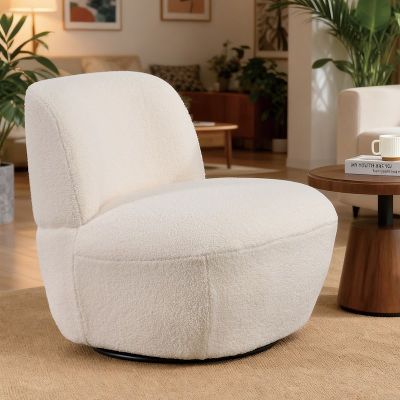 Modern 27" W Swivel White Boucle Upholstered Accent Chair - Single