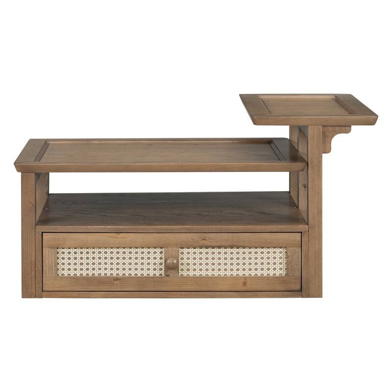 Modern Coffee Table, Coffee Table with 1 Storage Shelf, 2 Tabletops and 1 Rattan Drawer For Living Room