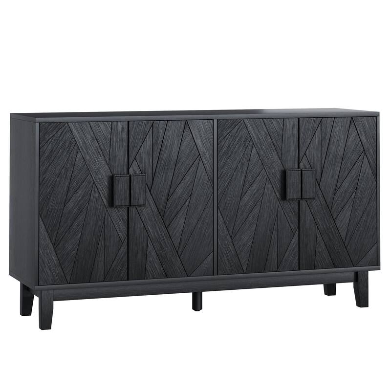 Roomfitters Modern Sideboard Buffet Cabinet with Geometric Textured Doors, 4-Door Storage Credenza Organizer, Black