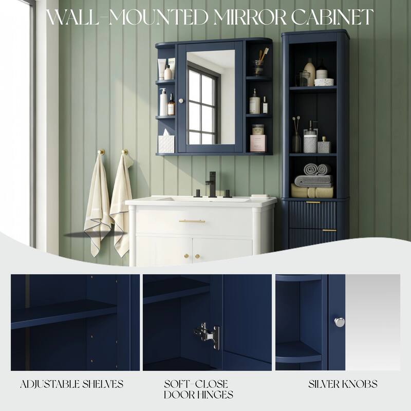 Bathroom Wall Storage Cabinet with Mirror, with Adjustable Wood Shelf & Doors, Mounted Storage Cabinets with 6 Open Shelves