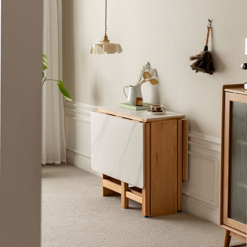 GDFStudio - Rutherford Modern 59.06" Solid Oak Wood Extending Dining Table with Rock Slab Top - 59.06"W