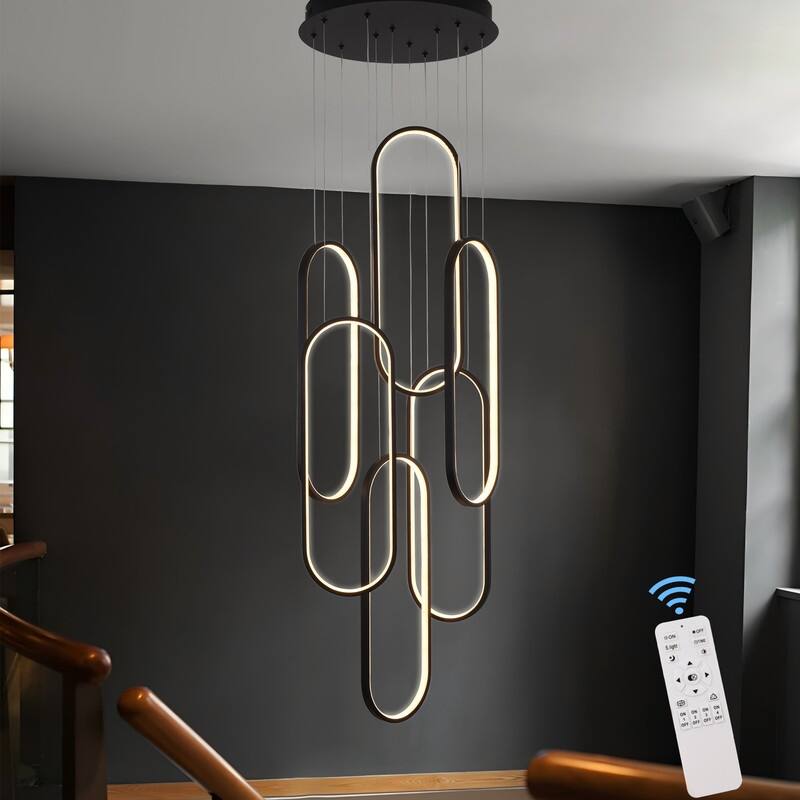 6 Ring Modern Chandelier Large LED High Ceiling Chandeliers - 23.62*7.87in - Black