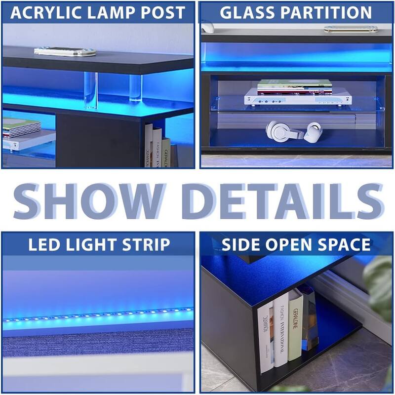 Modern LED TV Stand, Gaming Entertainment Center Media, for 60 Inch TV Table with Side Cabinet, for Living Room, Black