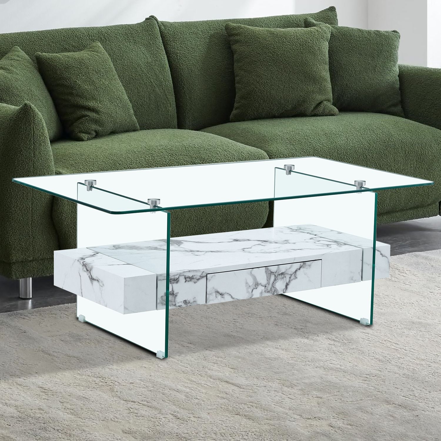 Vintage Classic Rectangular Wooden Storage Coffee Table with Glass