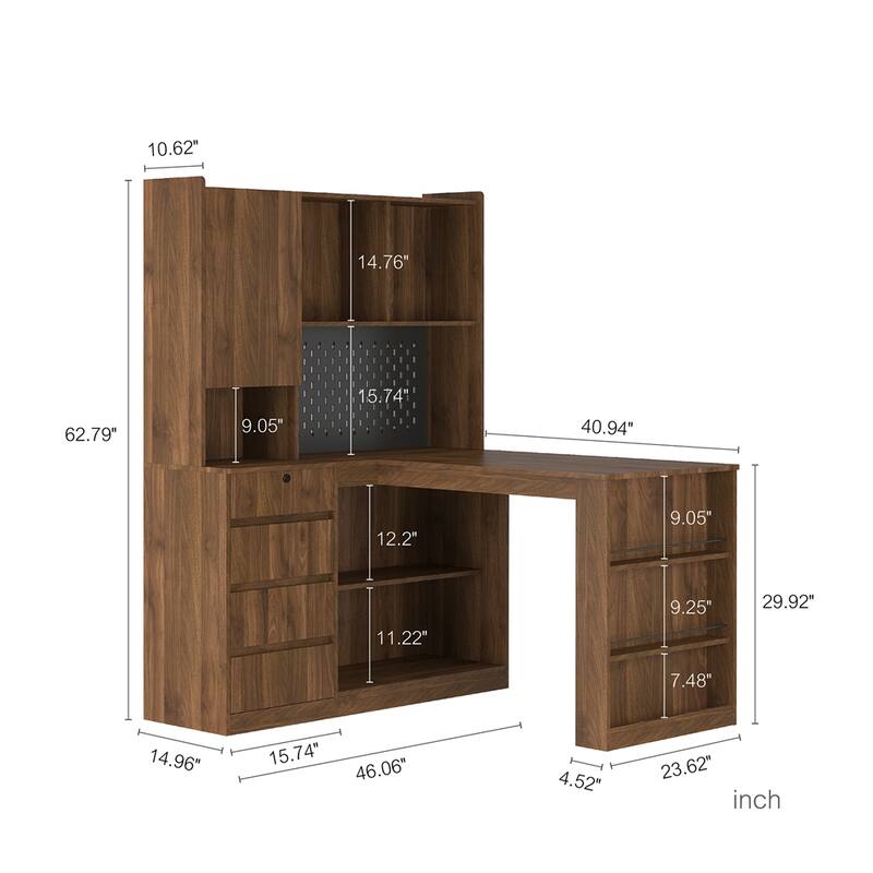 L Shaped Desk,Computer Desk w/Drawers,Bookshelf,LED Light,Corner Desk - Brown