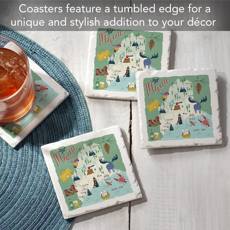 Maine 4-Pack Absorbent Stone Coasters with Protective Cork Backing 4" Square Made in The USA Artistic Easily Wipes Clean