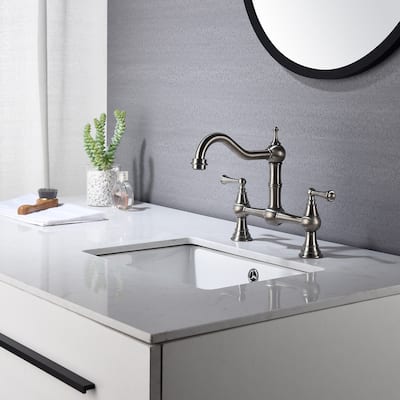 Double Handle Bridge Widespread Kitchen Faucet in Brushed Nickel