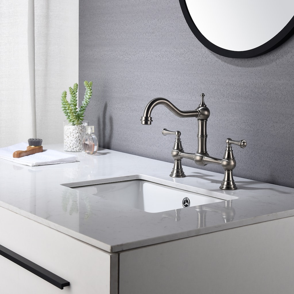 Double Handle Bridge Widespread Kitchen Faucet in Brushed Nickel