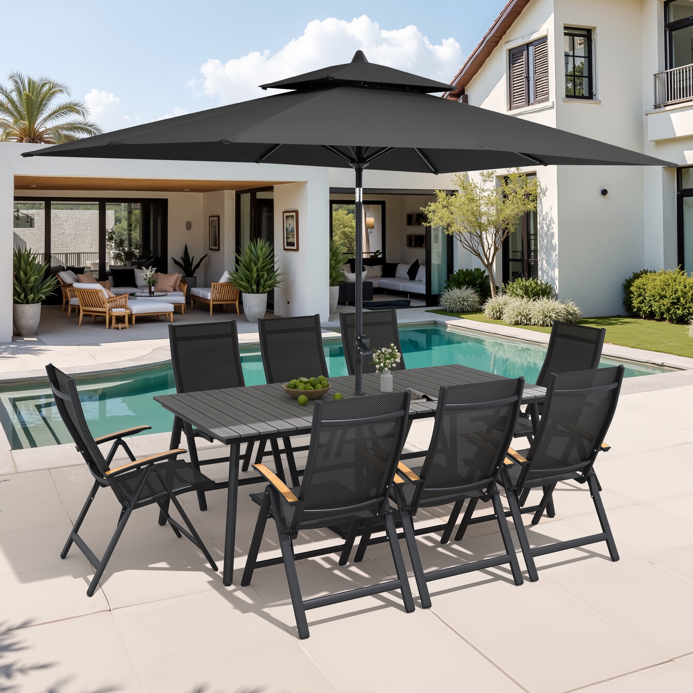 9/11-Piece Outdoor Aluminum Patio Dining Set w/10 ft Umbrella and Base, Rectangle Table and Folding Chairs