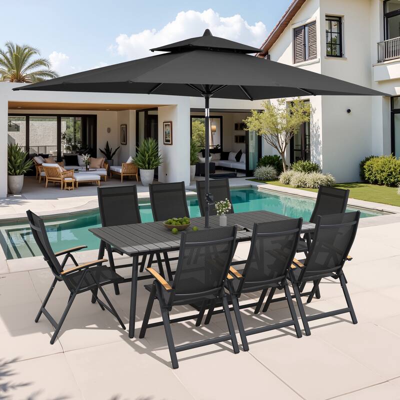 9/11-Piece Outdoor Aluminum Patio Dining Set w/10 ft Umbrella and Base, Rectangle Table and Folding Chairs - Set of 11 - Grey Table with Black Umbrella