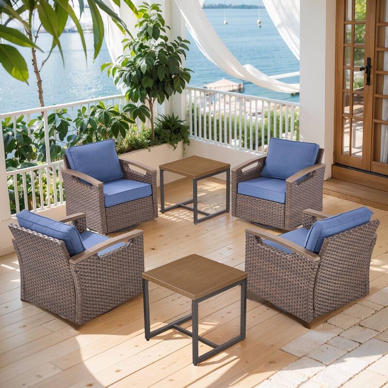 Pocassy Outdoor Brown Wicker Funitre with Cushion Set - Blue Cushion - Swivel Chairs Set of 4