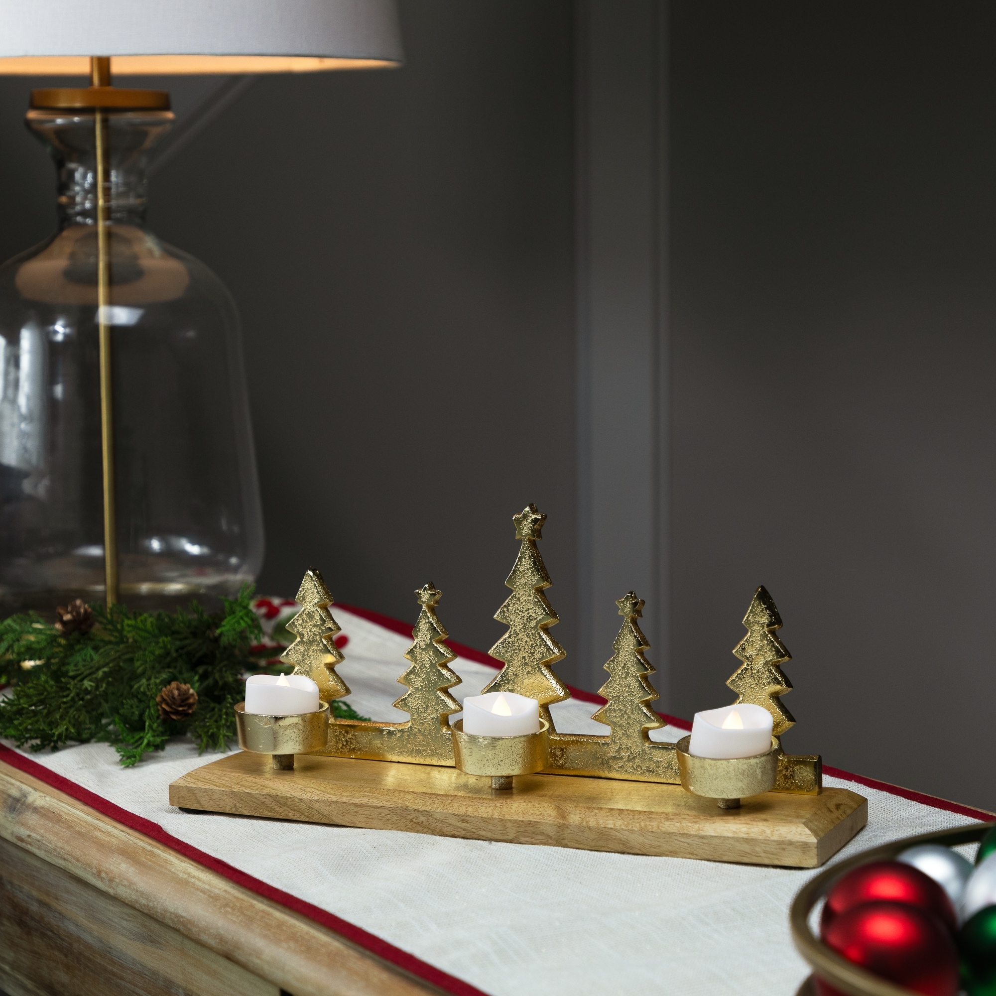 Pine Tree Quintet Christmas Metal Tealight Holder - 13" - Gold
