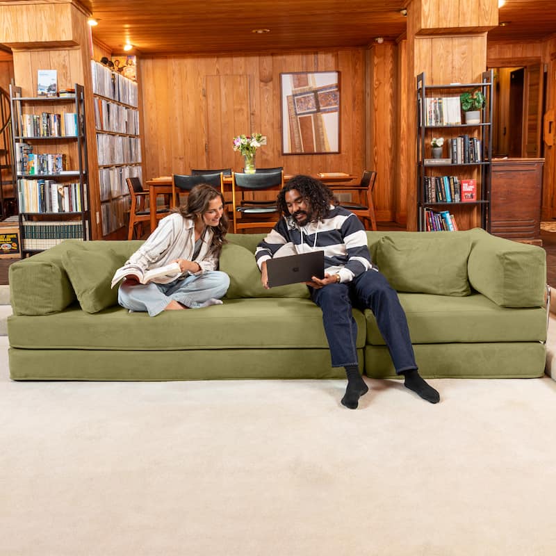 Jaxx Unsofa Modular Convertible Sectional Sofa with Fold Out King Sleeper Bed - 3-Seat Sofa. - Corduroy Moss Green