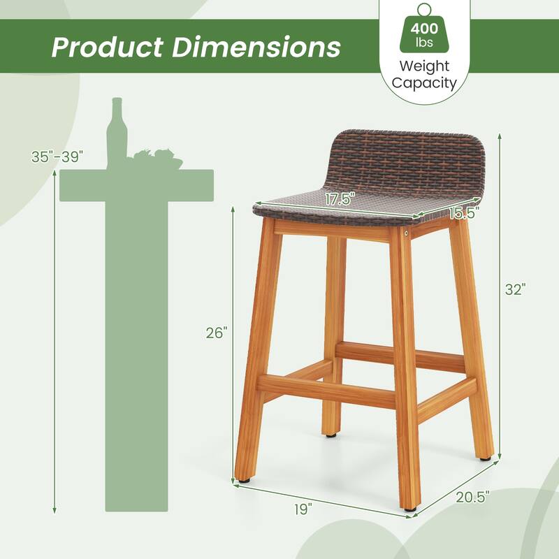 Gymax Solid Acacia Wood Bar Stools Set of 4 Rattan Bar Height Patio