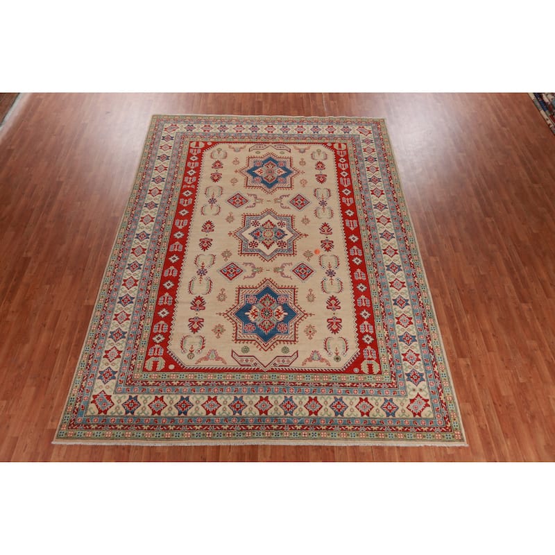 Hand Knotted Oriental 100% Wool Carpet Traditional Geometric Beige & Ivories Kazak Area Rug - 12' 3'' X 9' 0''