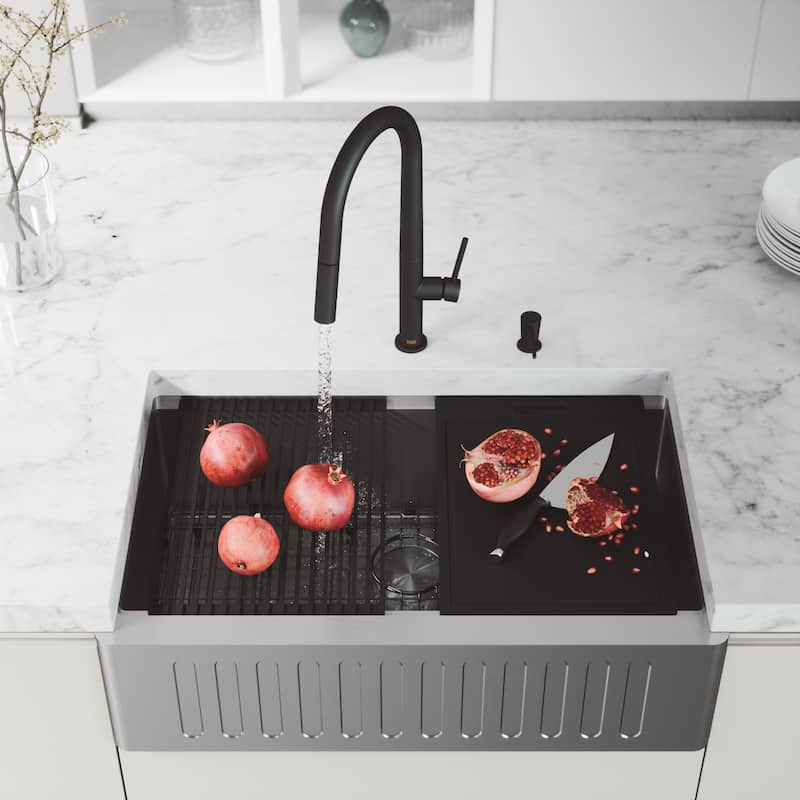 VIGO Oxford Stainless Steel Single Bowl Slotted Apron Farmhouse Kitchen Sink and Accessories