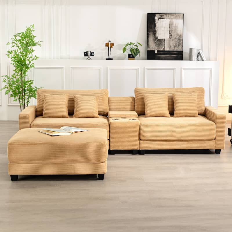 Oversized Corduroy Upholstered Sofa with a Removable Ottoman & 4 Pillows