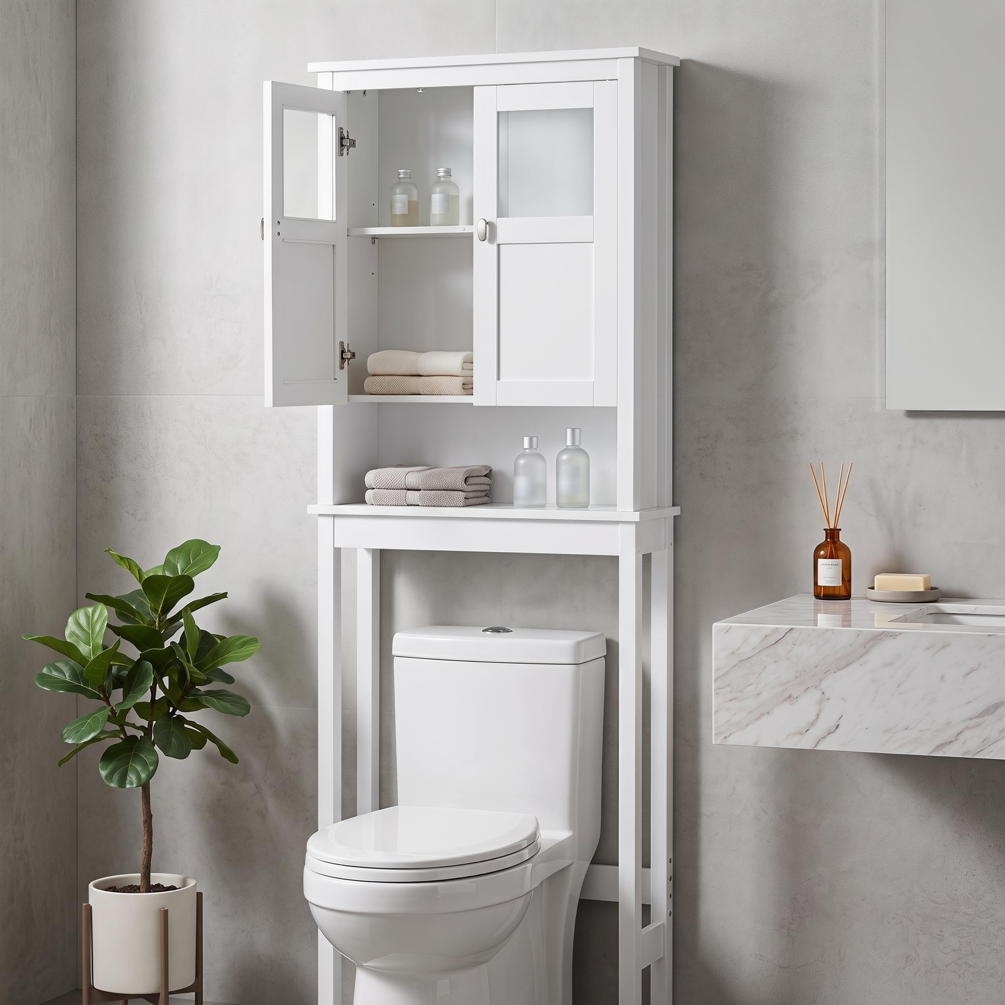 COSTARS Bathroom Cabinet Over Toilet, Bathroom Storage Cabinet with Glass Doors and Adjustable Shelves, White