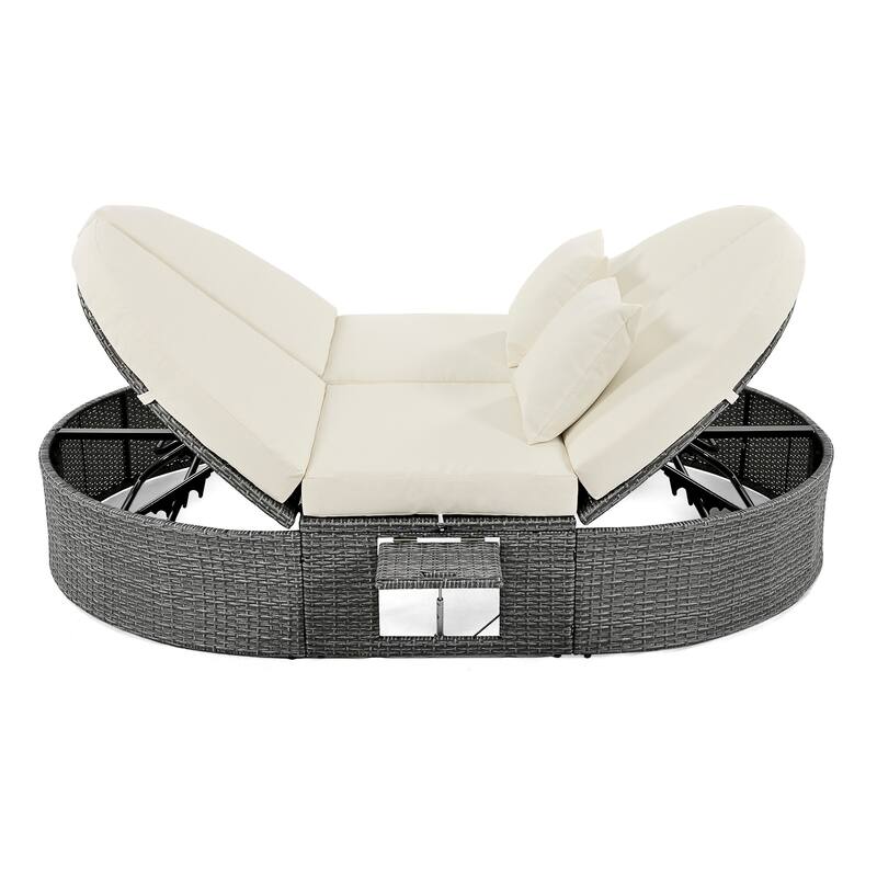 Outdoor Patio Rattan Round Daybed Sunbed with Adjustable Backrests and Foldable Cup Trays