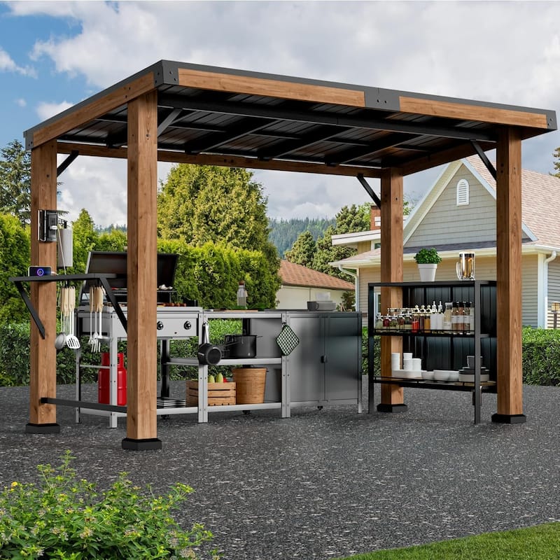 Grill Gazebo 6' X 12', Cedar Wood Gazebo with USB and USB-C Charging Ports for Patio