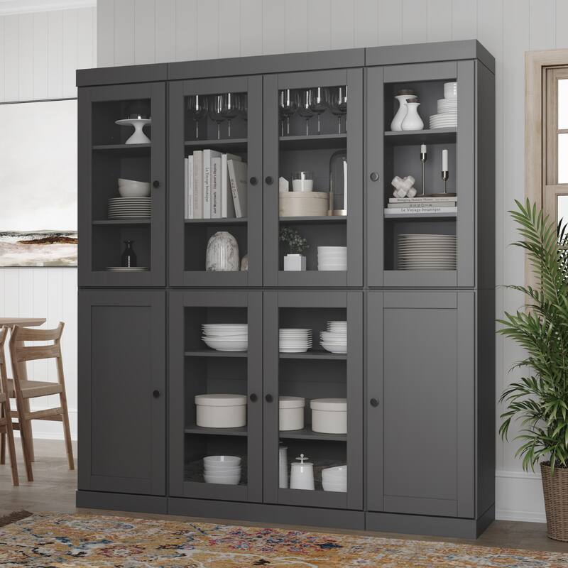 Palace Imports 100% Solid Wood 65" Pantry Cabinet with Clear Glass, Shaker Doors and Adjustable Shelves - Gray