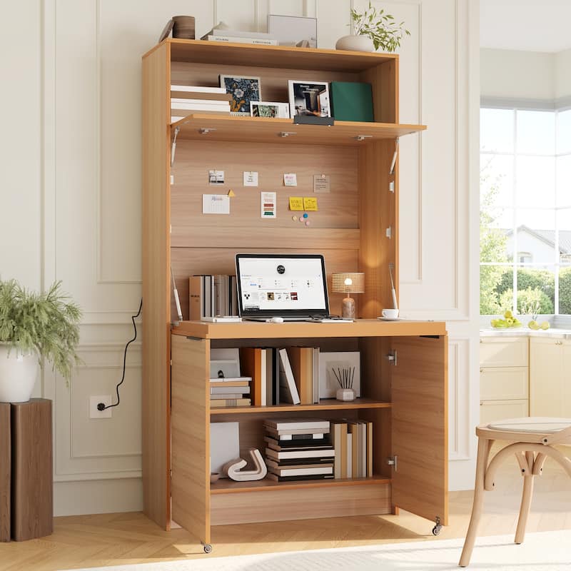 69" Kitchen Pantry Buffet with Hutch, Foldable Workstation & Power Outlet