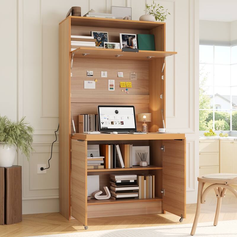 Compact Kitchen Pantry Storage Cabinet, 69" H Buffet Sideboard Server Table with Drop-Down Workstation & Power Outlet - Natural