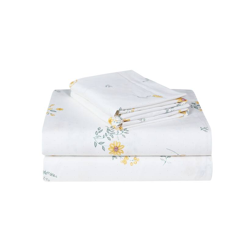 Leila Yellow Floral 100% Cotton Sheet Set with Pillowcases