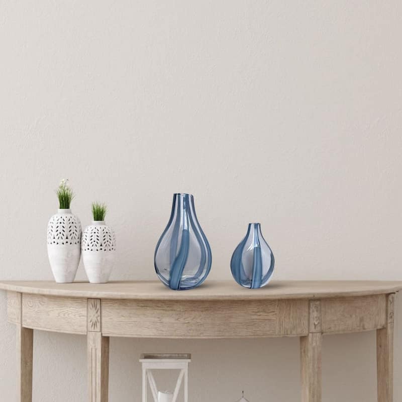 Blue Set of 2 Tear Drop Striped Glass Vases for Modern Table Decor