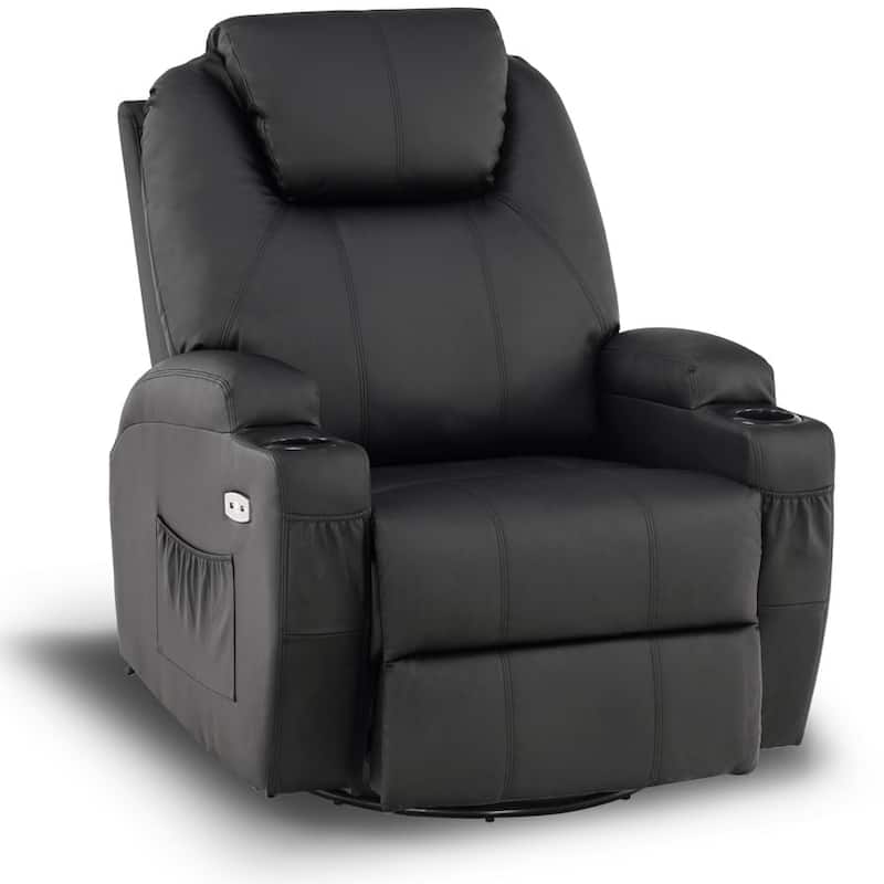MCombo Manual Swivel Glider Rocker Recliner Chair with Massage and Heat, Faux Leather 8031 - Black