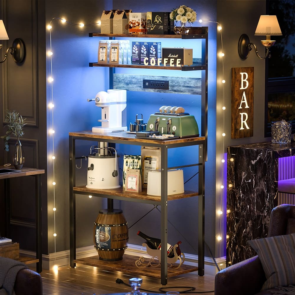 Bakers Rack Kitchen Storage Shelf with Power Outlets and RGB LED Lights,5 Tiers Coffee Bar Station,Microwave Stand