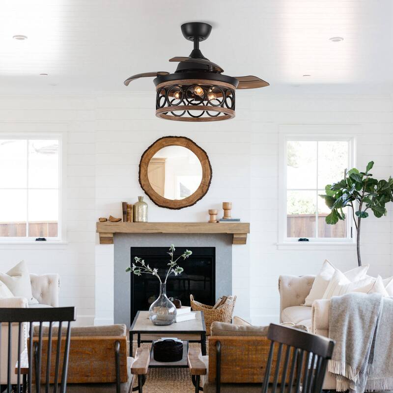 36" Industrial Retractable 3-blade Ceiling Fan Chandelier with Wall Switch