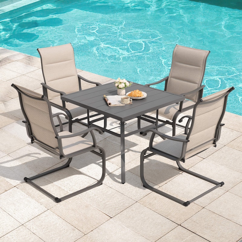 Patio 5-Piece Dining Table Set with Umbrella Hole and Textilene Chairs