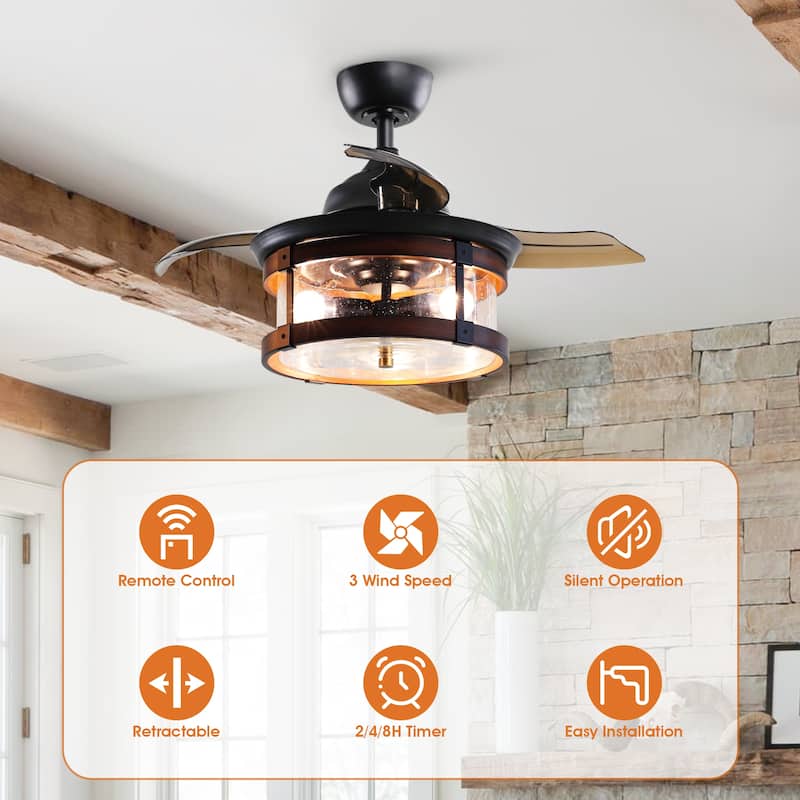Industrial 3-Blade 3-Light Black and Brown Retractable Caged Ceiling Fan with Light Kit and Remote - 36 Inches