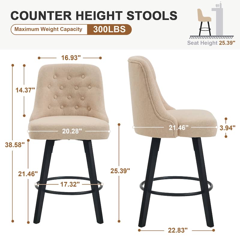 Ergonomic Counter Stools with Linen Upholstery, Swivel Bar Stools with Wooden Legs Kitchen Island Stools Set of 2