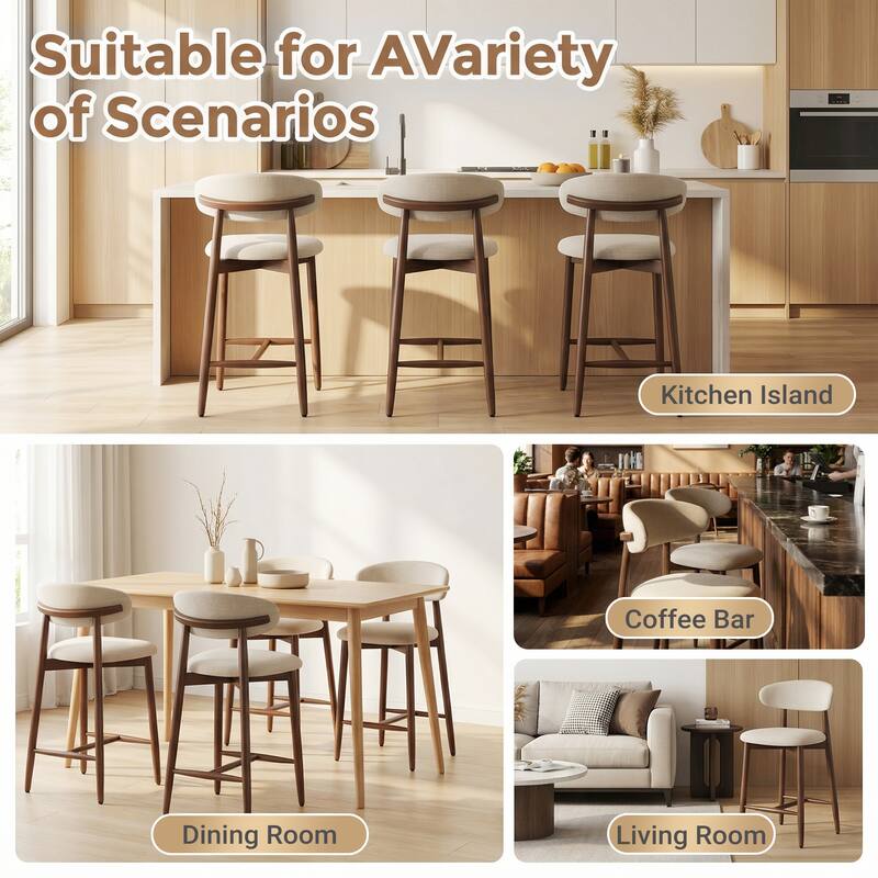 Mid-Century Modern Upholstered Bar Stools Counter Height Wooden Bar Chairs with Backrest Footrest