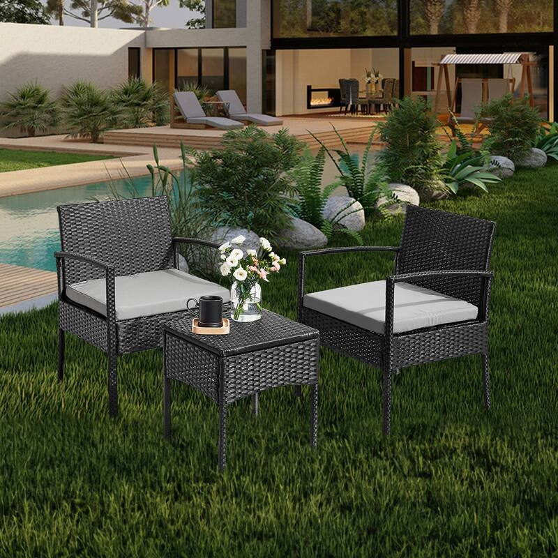 Outdoor Furniture 3 Piece Patio Bistro Furniture Set, Rattan Conversation Chairs Set with Side Table and Cushions
