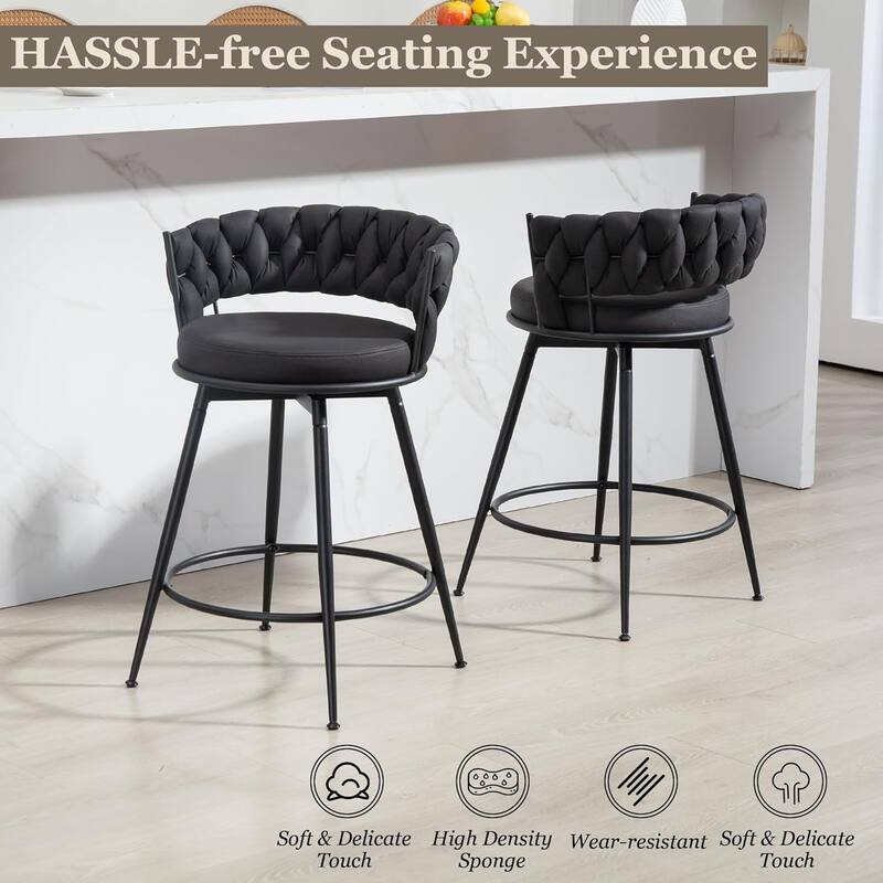 XINMICS 360° Swivel Bar Stools, 24 Inches Modern Counter Height Bar Stools with Woven Back, Upholstered Suede Tall Barstools